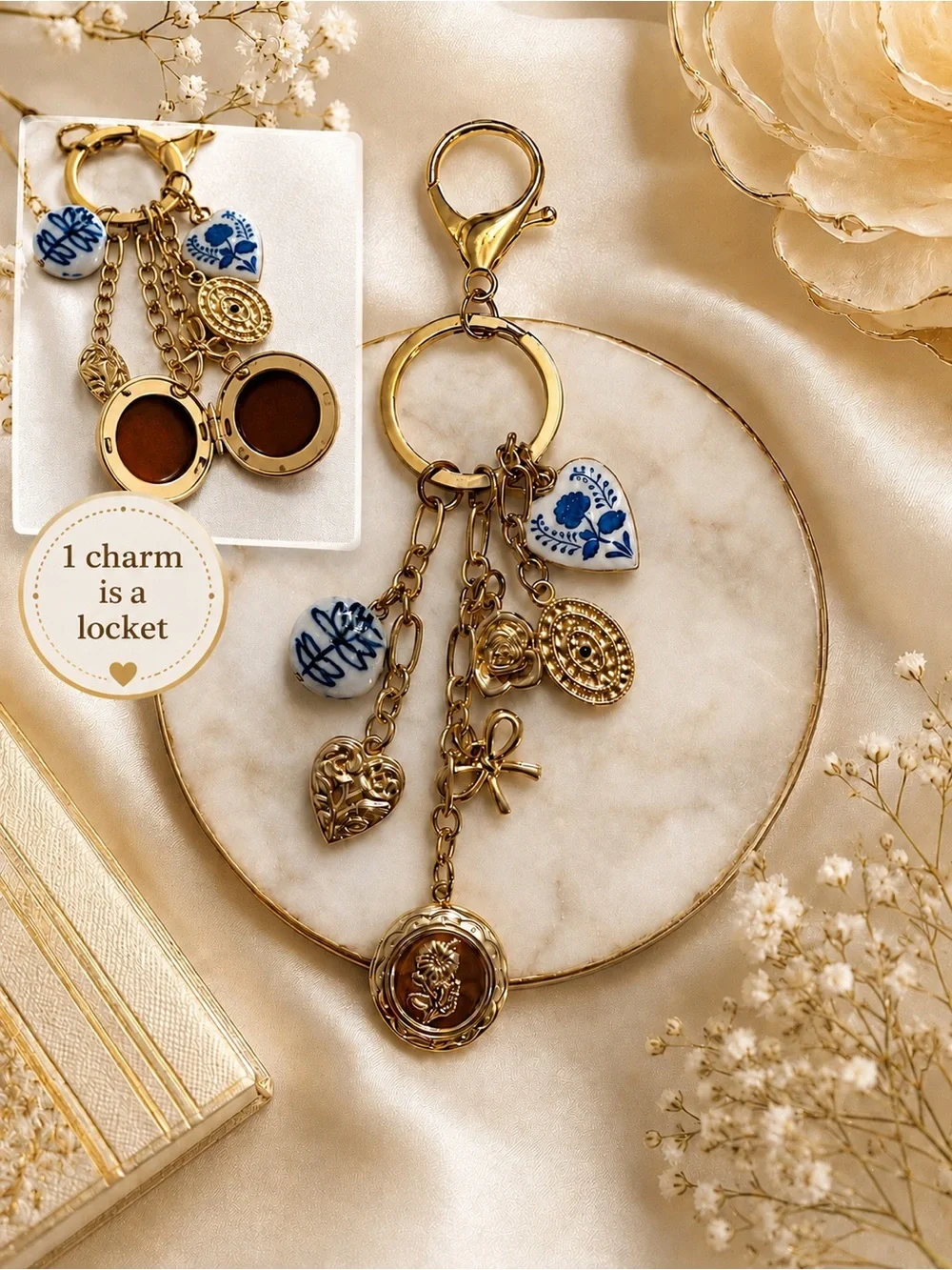 Gold Charm Key & Card Holder with Blue Porcelain Accents